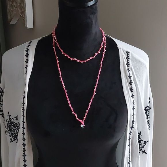 Pink Wrap Necklace, Bohemian, Beachy, Summer, Handcrafted - Picture 6 of 14